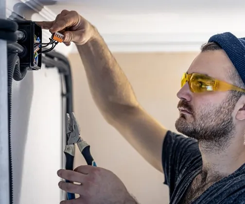 Electrician care verifică legăturile dintr-o doză de joncțiune de pe tavan
